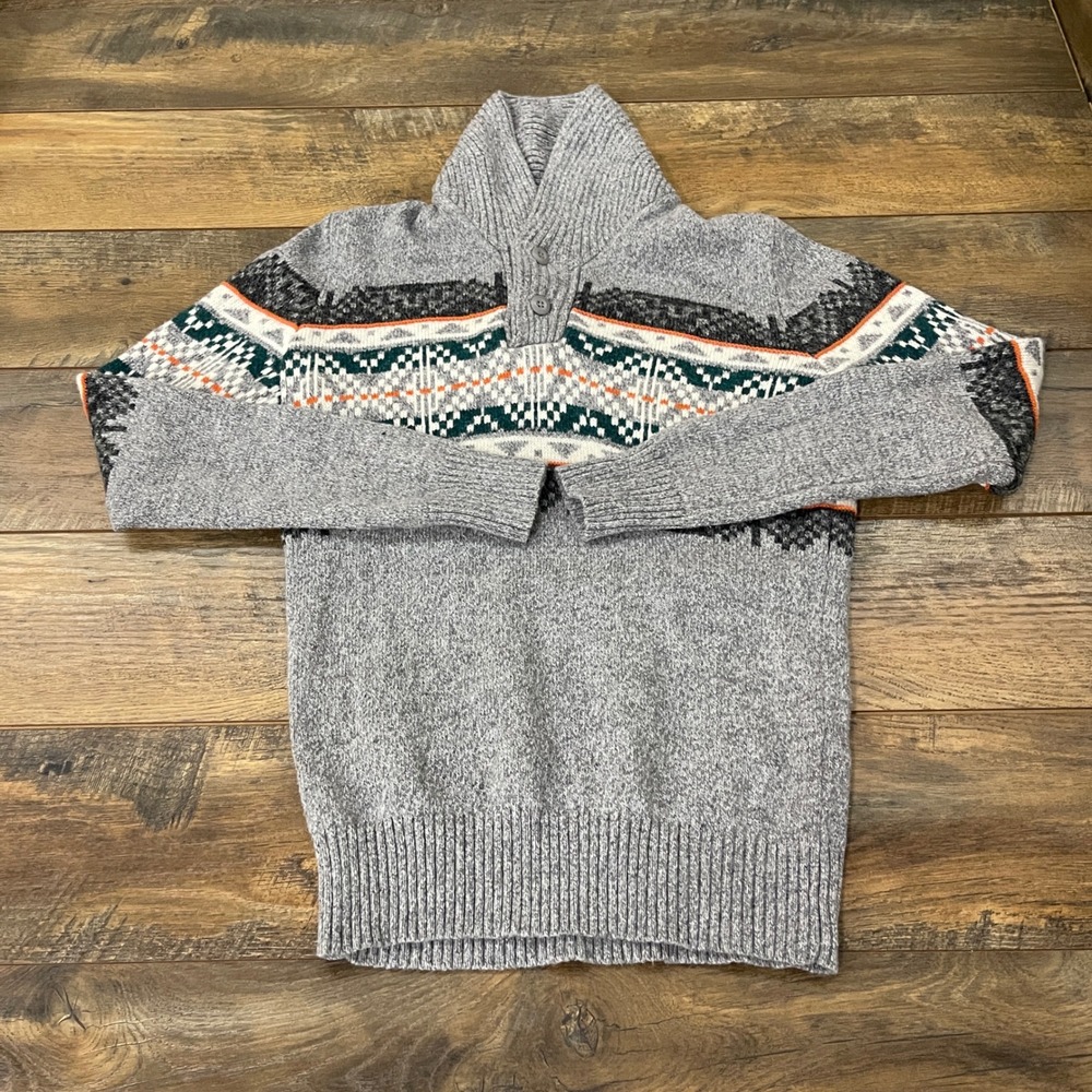 American Eagle Mens Shawl Collar Fair Isle Sweater Gray Wool Blend Small Fall